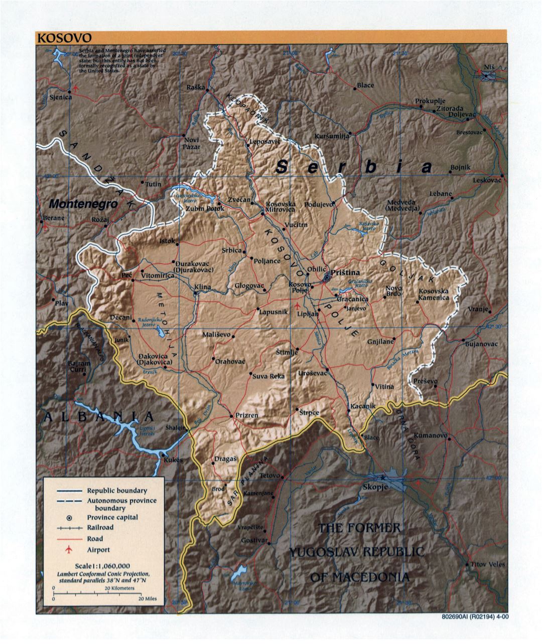 Large detailed political map of Kosovo with relief, roads, railroads, major cities and airports - 2000