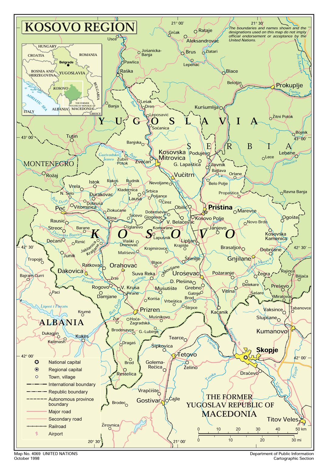 Large detailed political map of Kosovo with roads, railroads, cities and airports - 1998