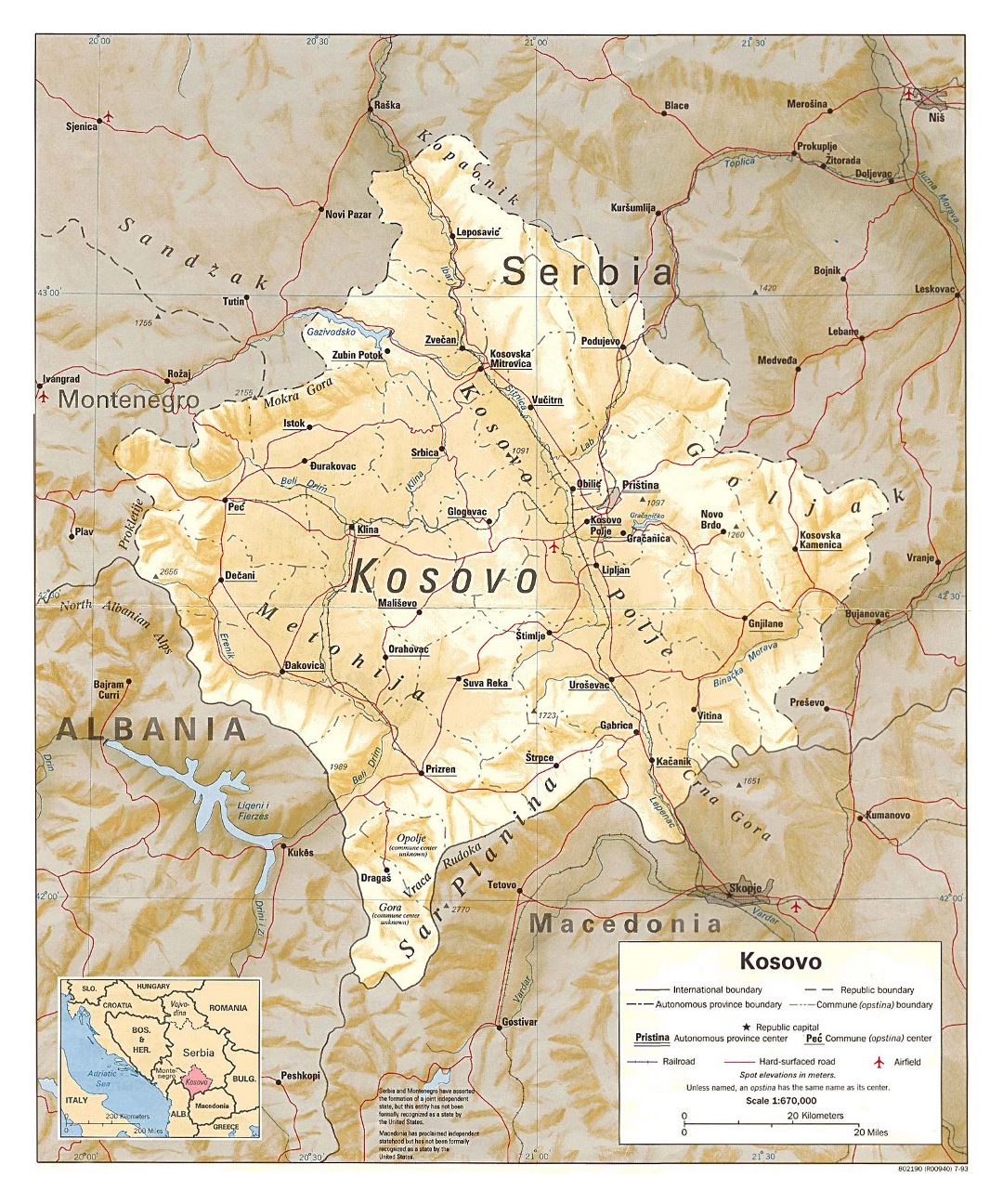 Large political and administrative map of Kosovo with relief, roads, railroads, cities and airports - 1993