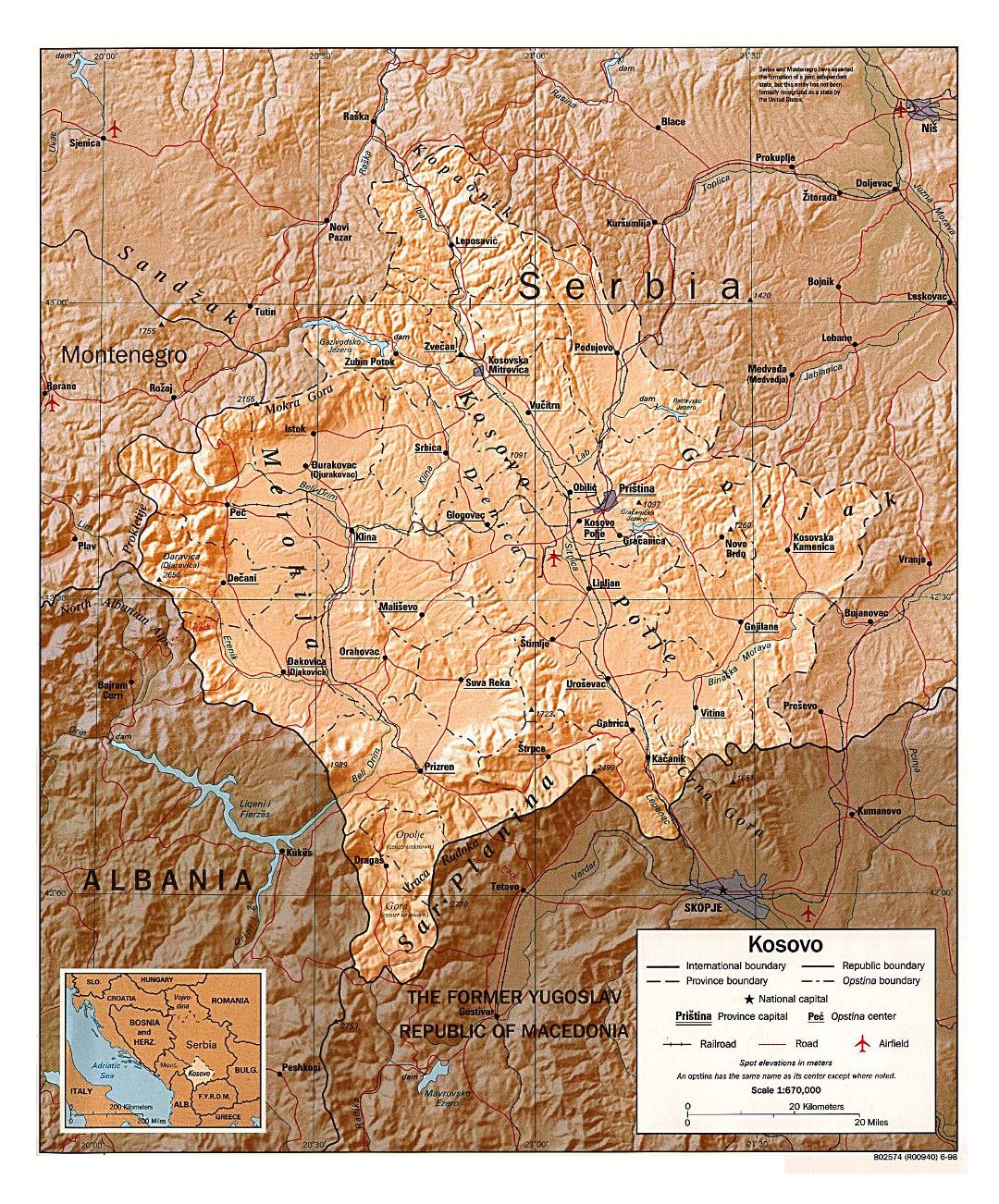 Large political and administrative map of Kosovo with relief, roads, railroads, major cities and airports - 1998