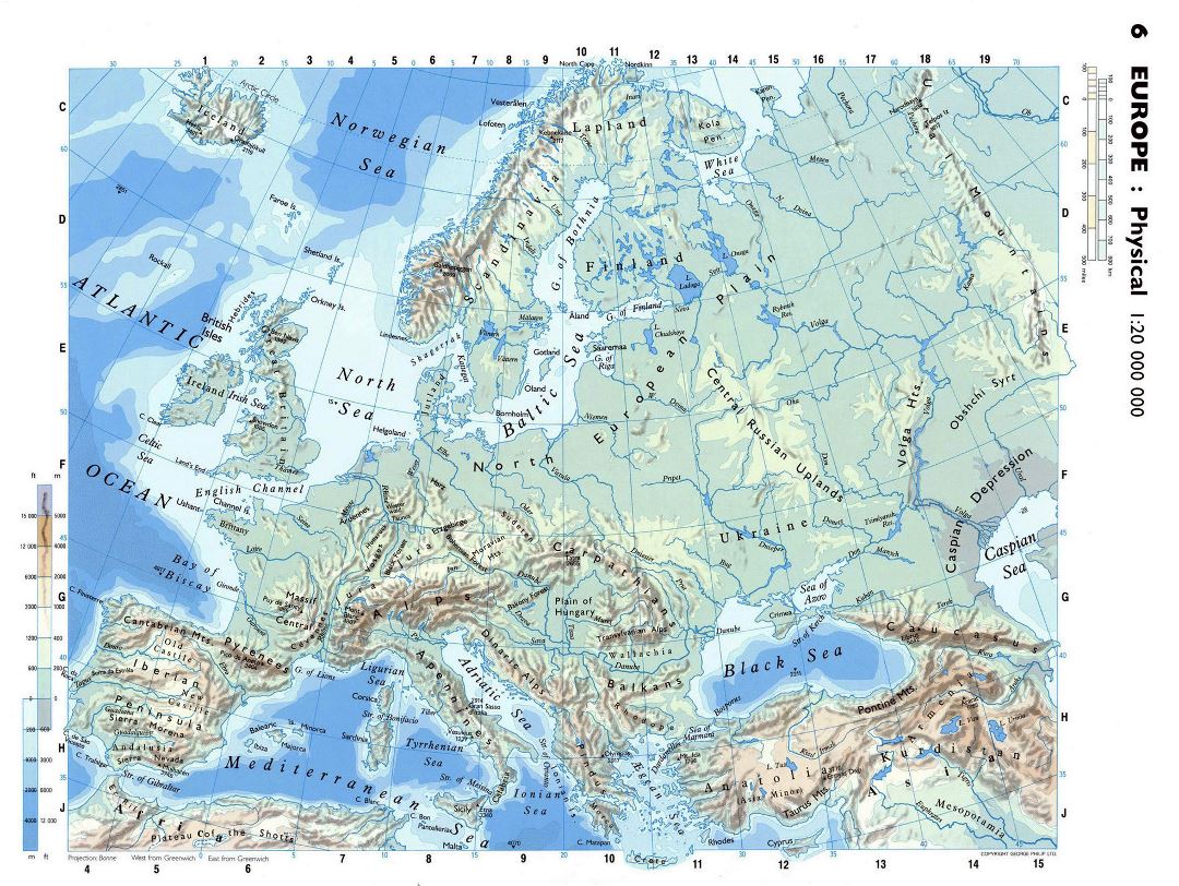 Large detailed physical map of Europe