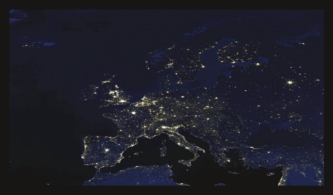 Large detailed satellite image of Europe at night