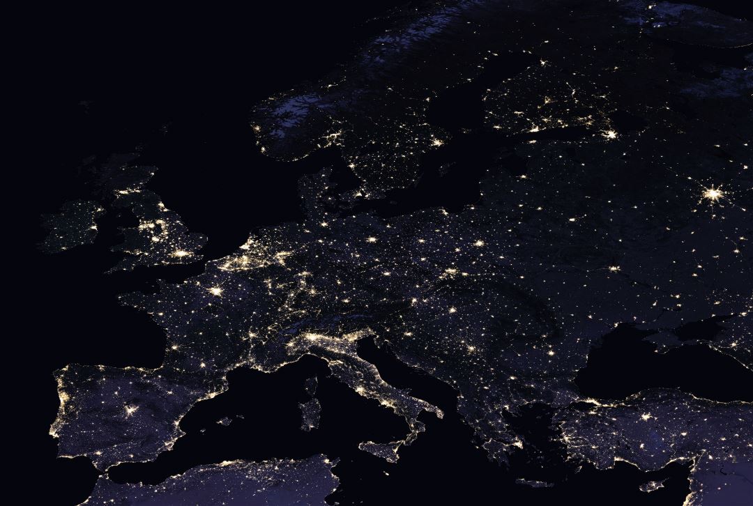 Large detailed satellite map of Europe at night