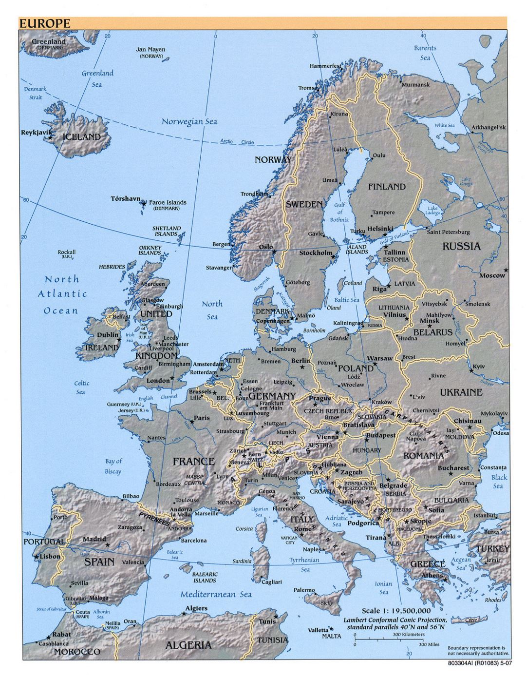 Large political map of Europe with relief and capitals - 2007