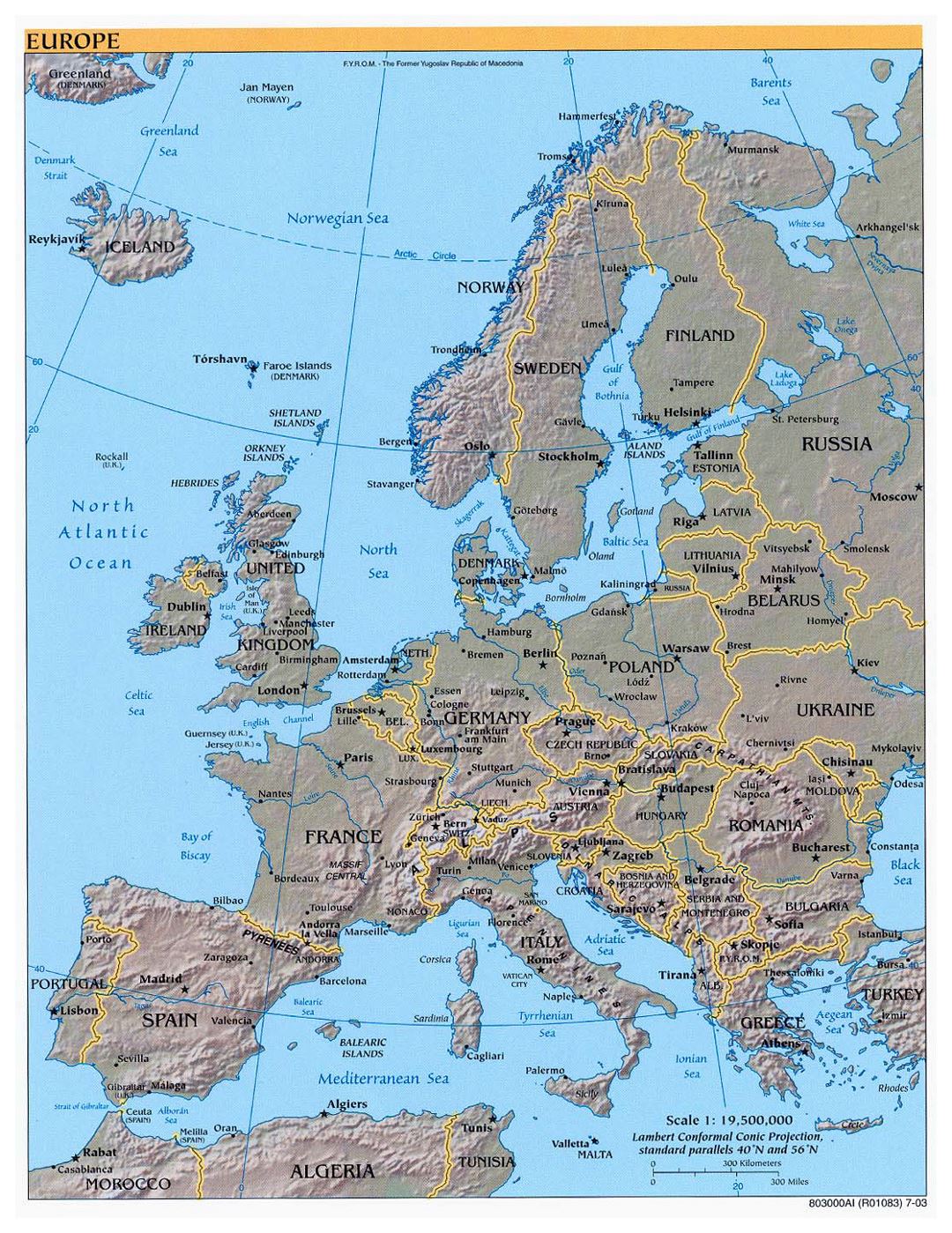 Large political map of Europe with relief and major cities - 2003
