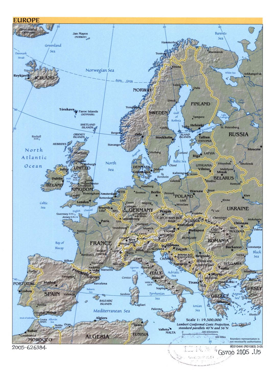 Large political map of Europe with relief, marks of capital cities and major cities - 2005