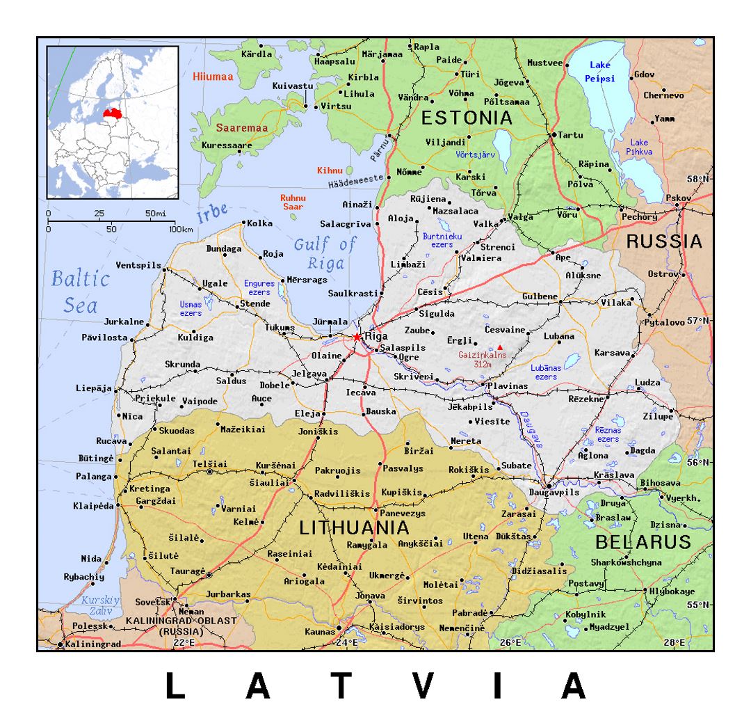 Detailed political map of Latvia with relief