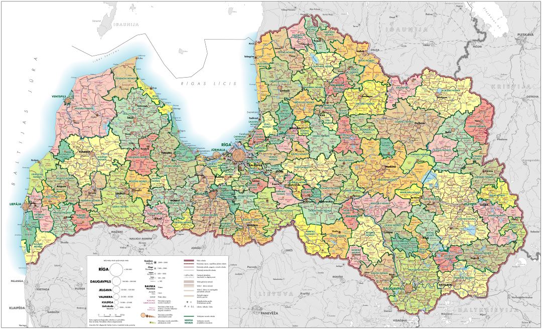 Large detailed administrative map of Latvia with roads, all cities and other marks