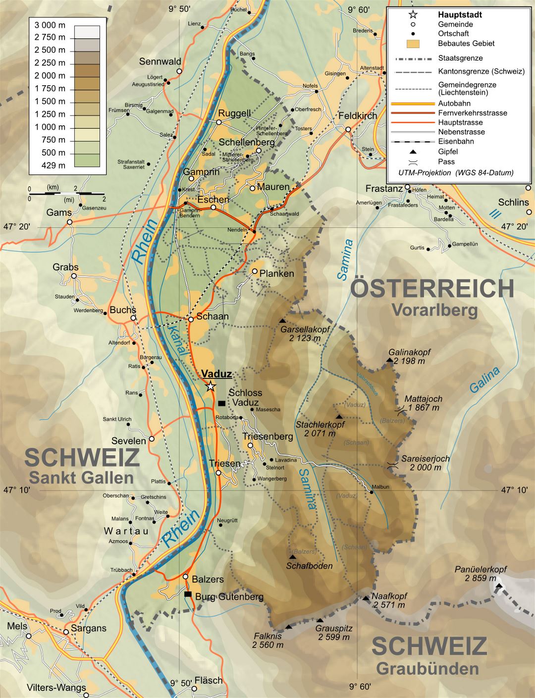 Large detailed physical map of Liechtenstein with all roads, cities and villages