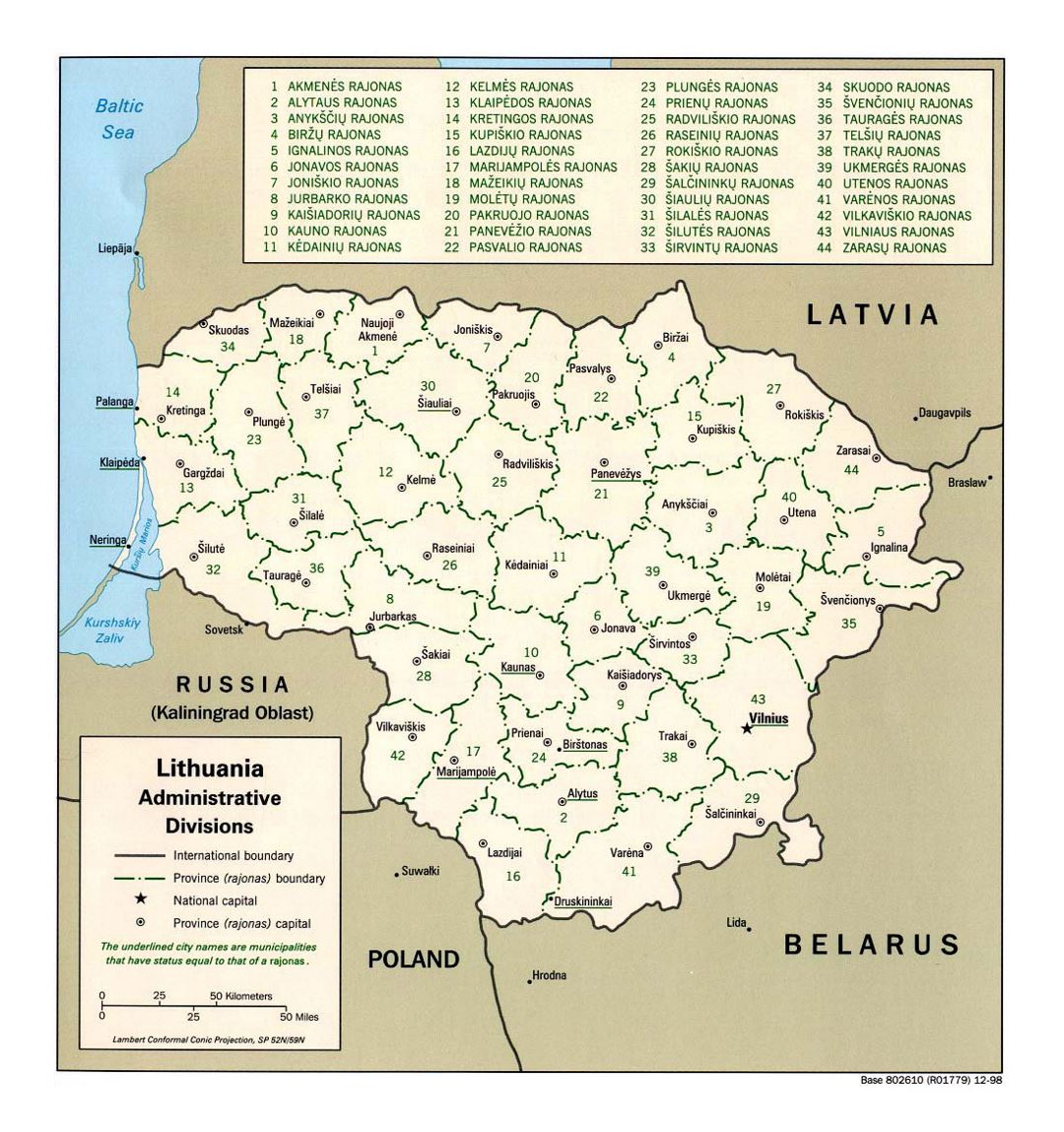 Detailed administrative divisions map of Lithuania - 1998