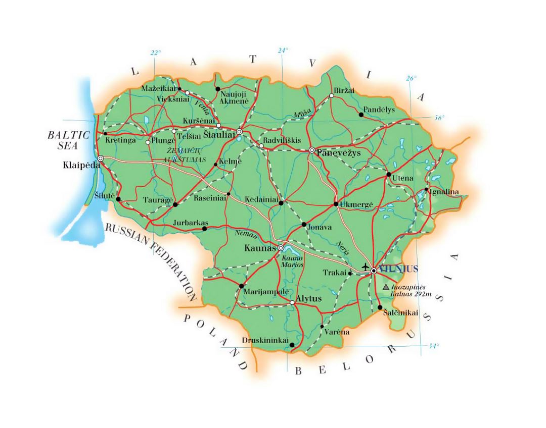 Detailed elevation map of Lithuania with roads, railroads, major cities and airports