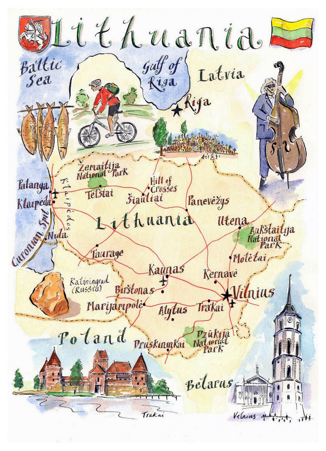 Detailed illustrated map of Lithuania