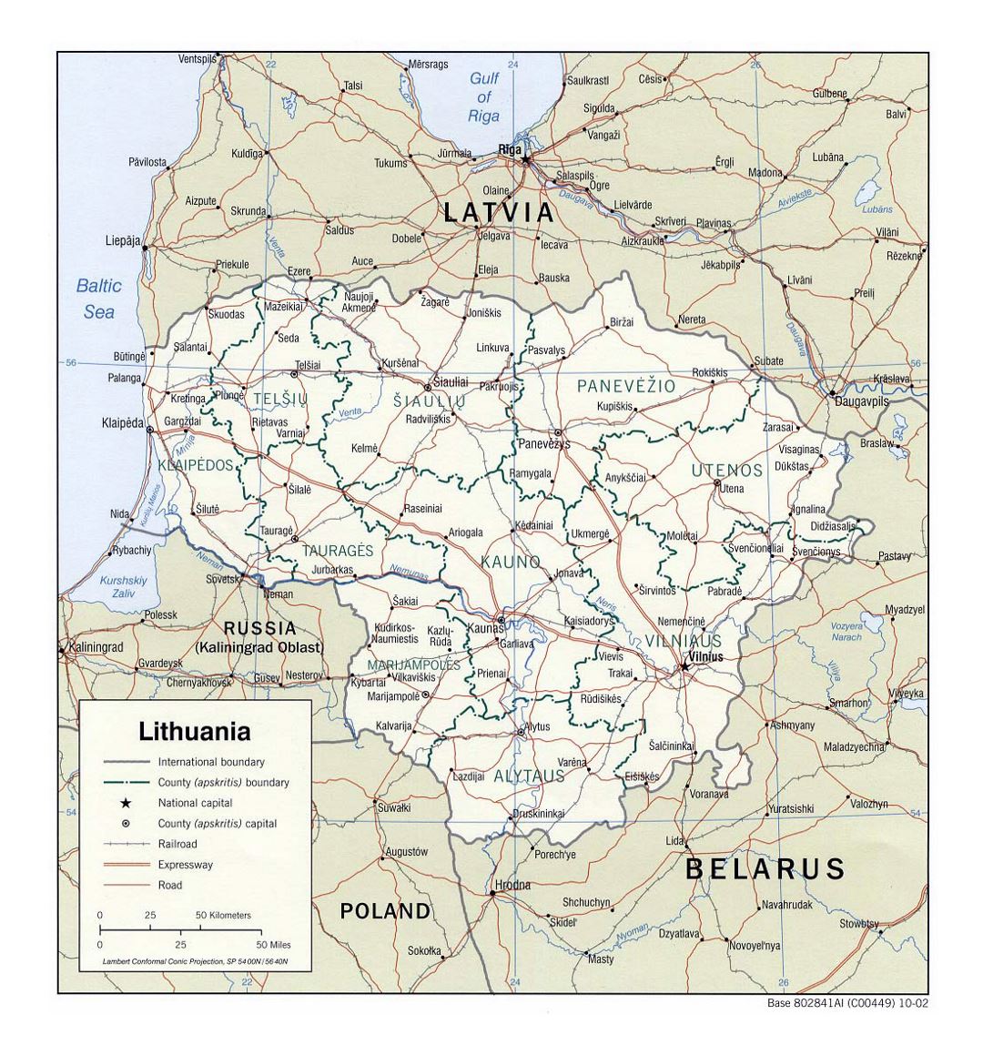 Detailed political and administrative map of Lithuania with roads, railroads and major cities - 2002