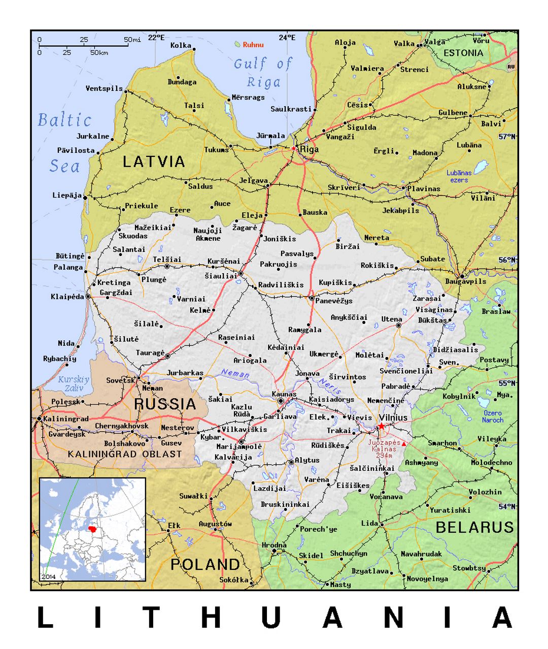 Detailed political map of Lithuania with relief