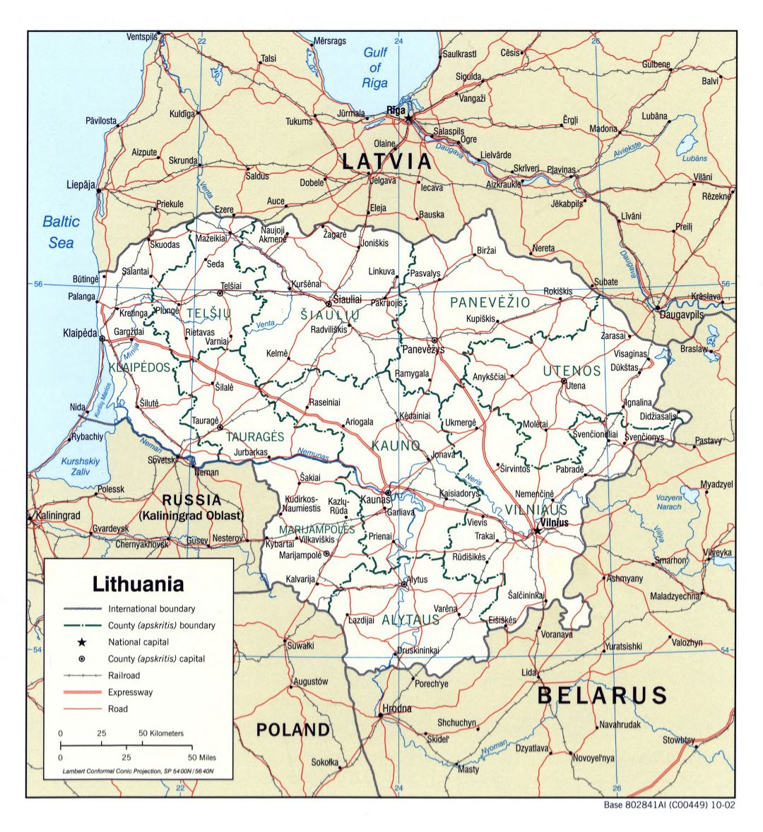 Large detailed political and administrative map of Lithuania with roads, railroads and major cities - 2002