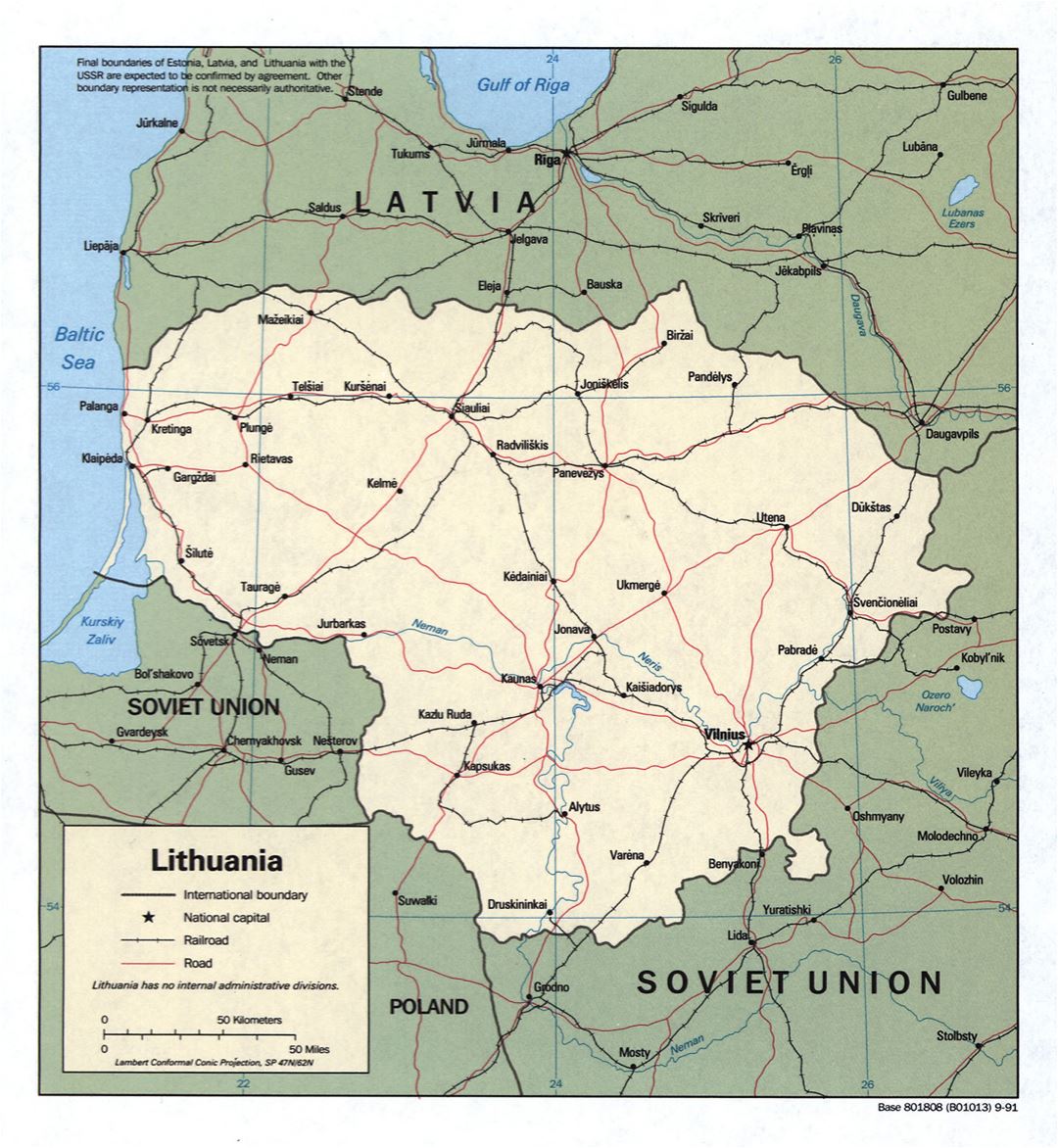 Large detailed political map of Lithuania with roads, railroads and major cities - 1991