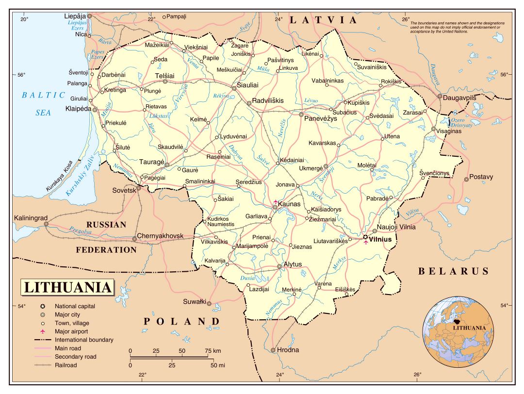 Large detailed political map of Lithuania with roads, railroads, major cities and airports