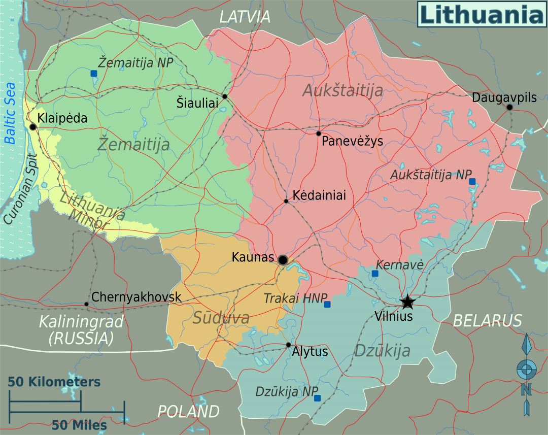 Large regions map of Lithuania