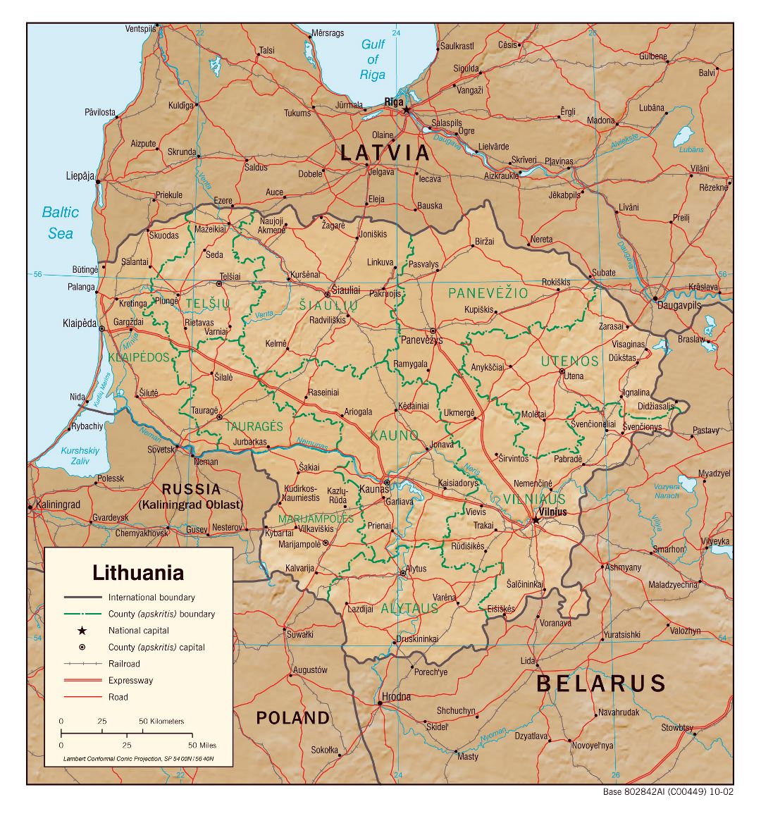 Large scale political and administrative map of Lithuania with relief, roads, railroads and major cities - 2002