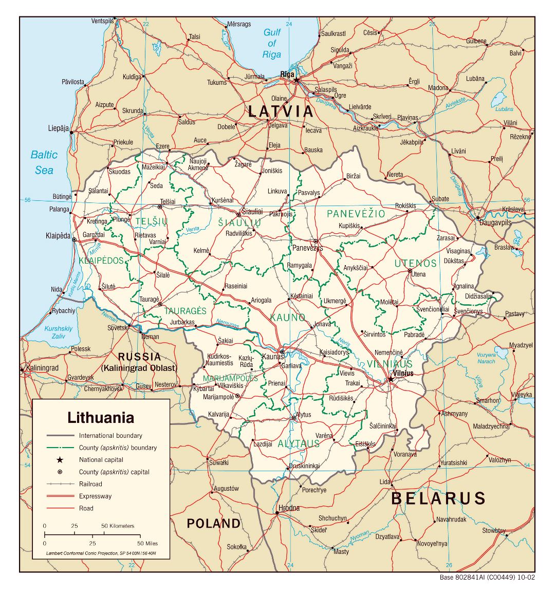 Large scale political and administrative map of Lithuania with roads, railroads and major cities - 2002