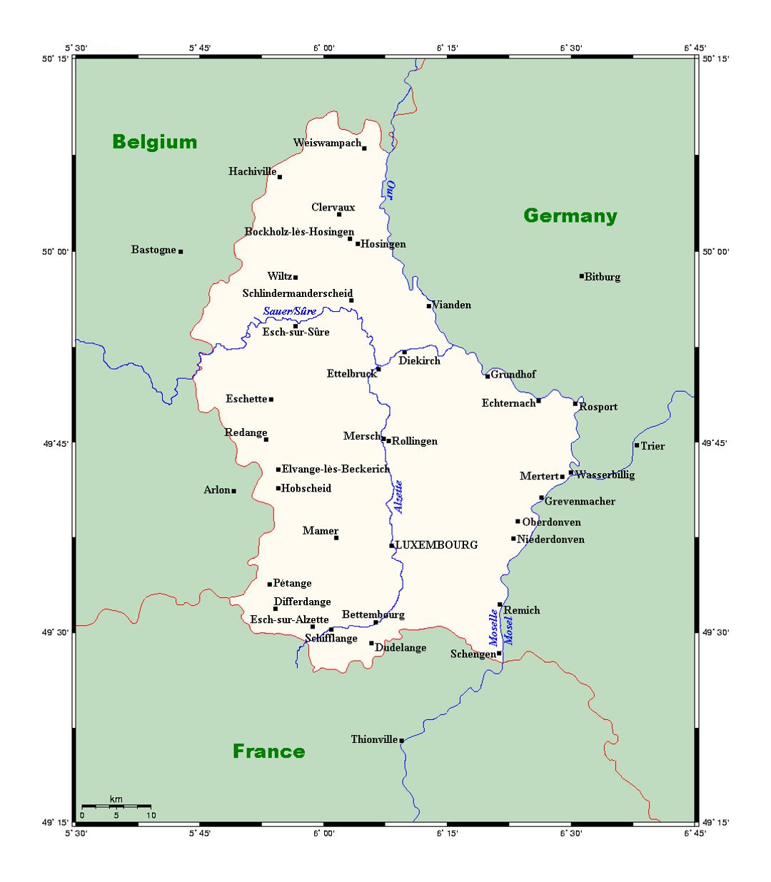 Detailed map of Luxembourg with major cities