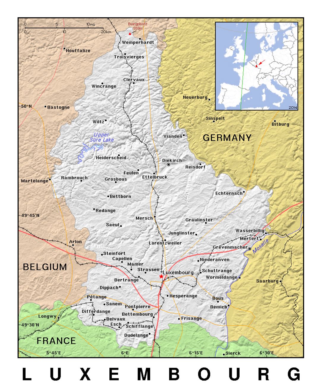Detailed political map of Luxembourg with relief