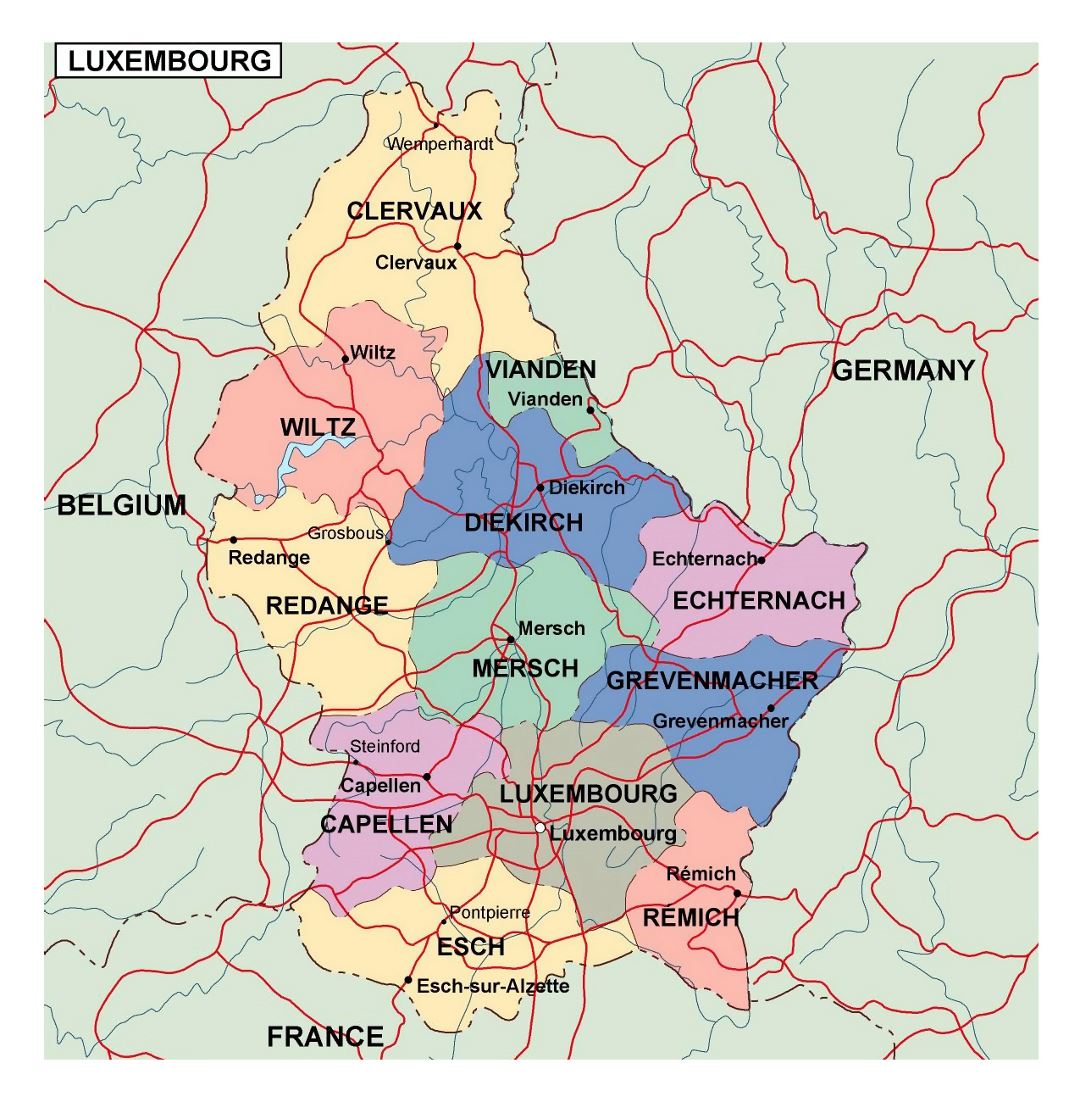 Large political and administrative map of Luxembourg with roads and major cities