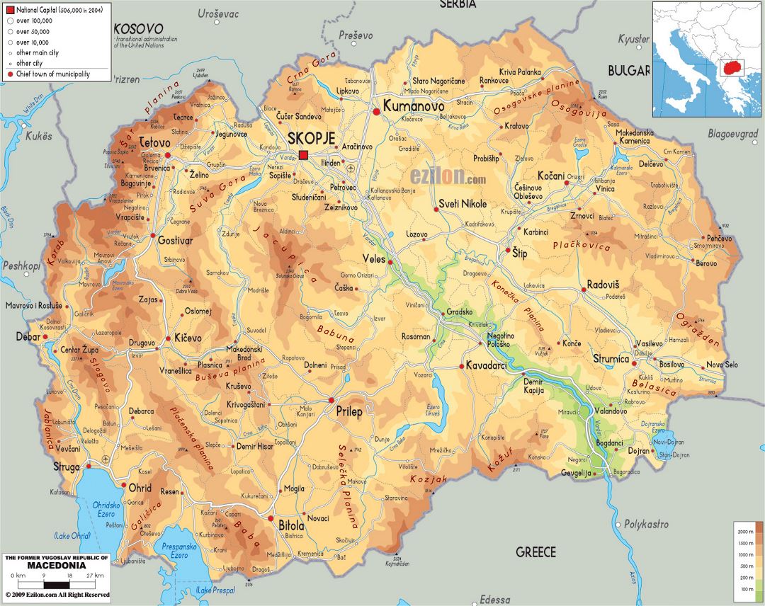 Large physical map of Macedonia with roads, cities and airports