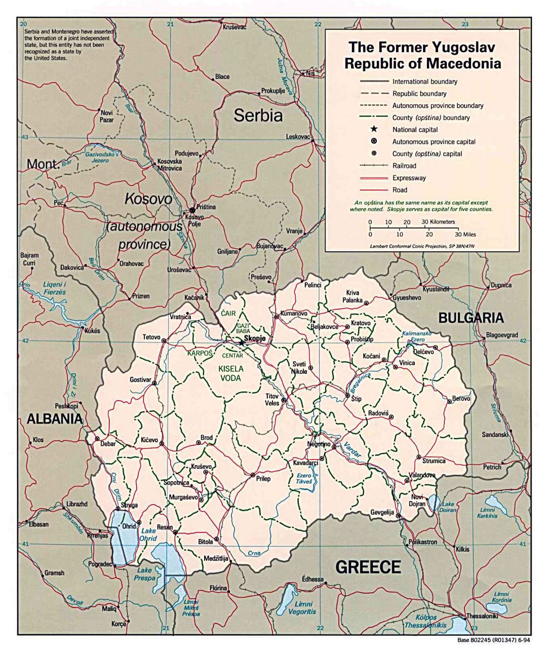 Large political and administrative map of Macedonia with roads and major cities - 1994