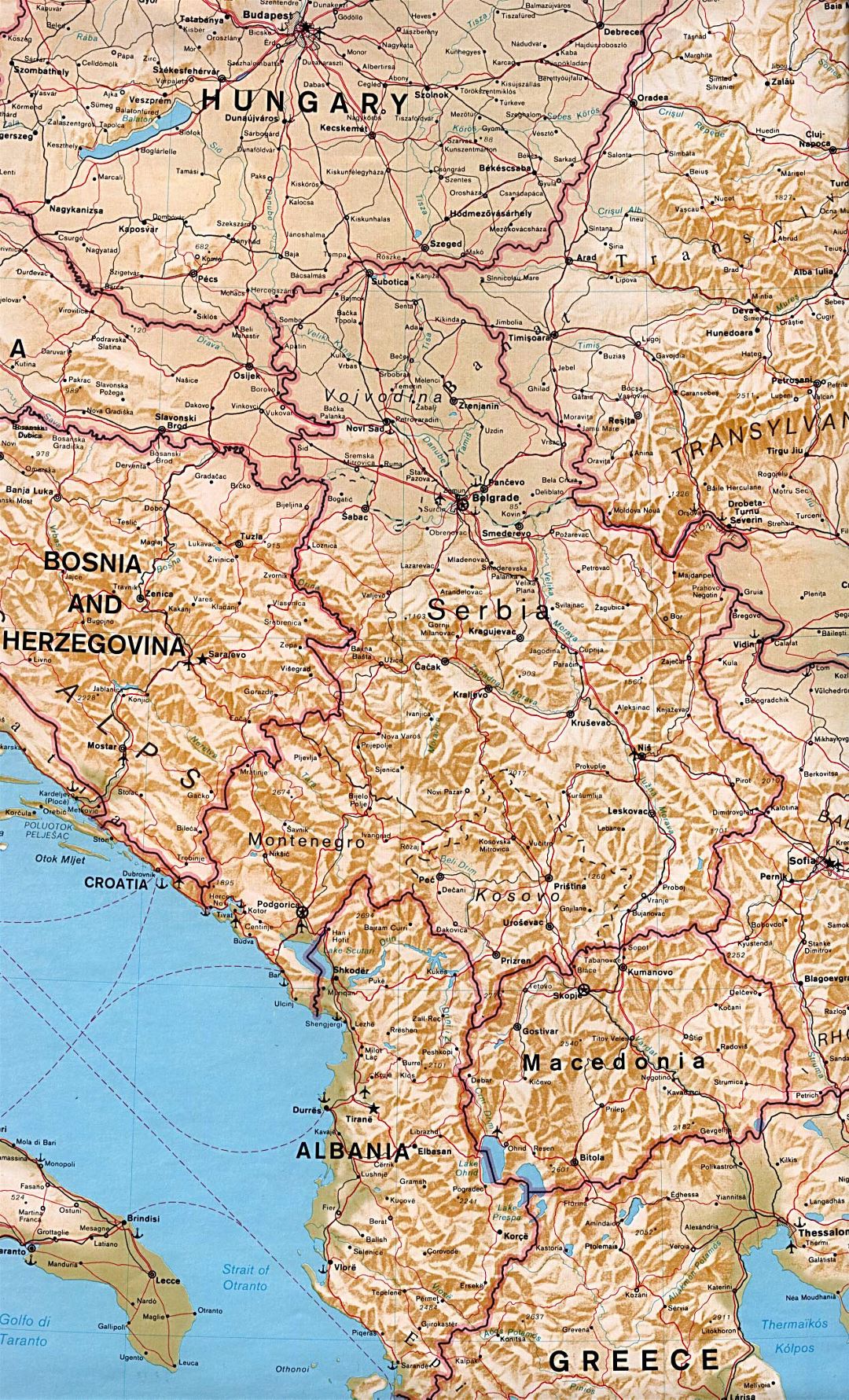 Large political map of and Macedonia with relief, roads, cities and airports