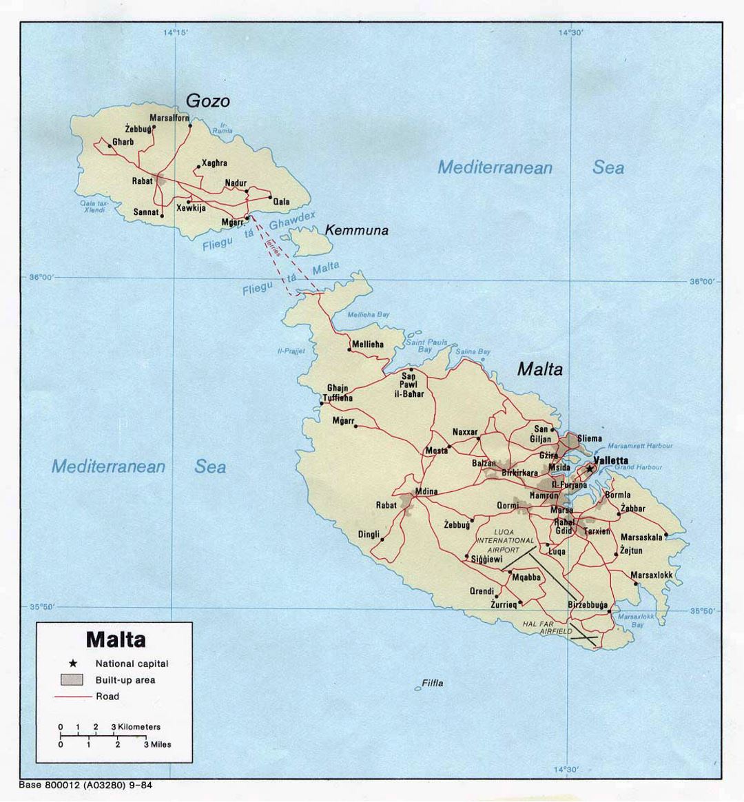 Detailed political map of Malta with roads, cities and villages - 1984