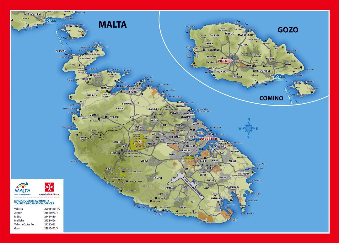 Large detailed elevation and tourist map of Malta and Gozo with roads, cities and villages