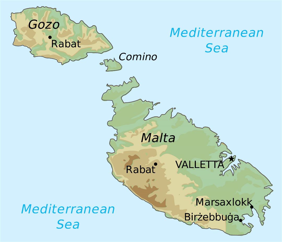 Large detailed elevation map of Malta and Gozo