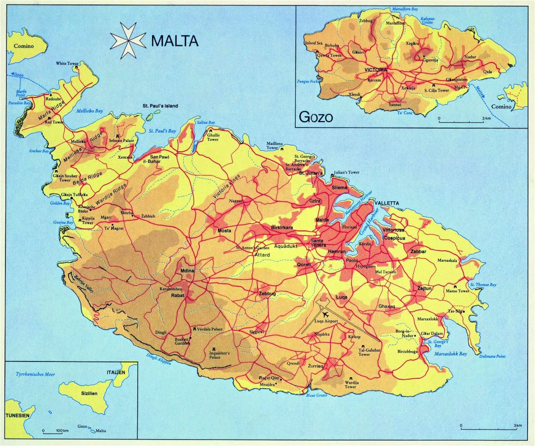Large detailed elevation map of Malta and Gozo with roads, cities and villages