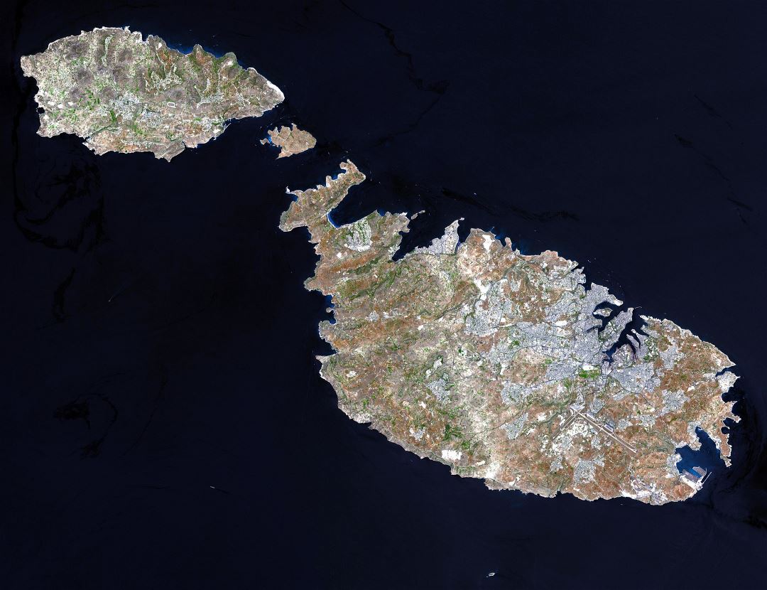 Large detailed satellite map of Malta and Gozo