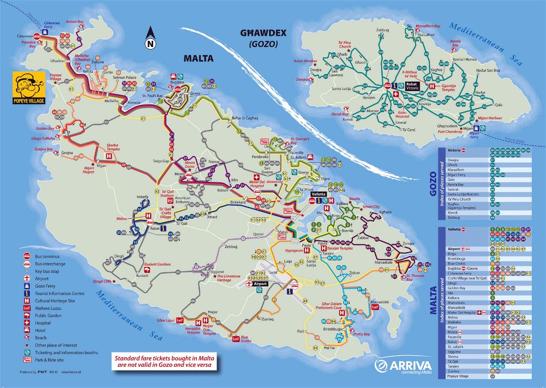 Large detailed tourist map of Malta and Gozo with bus routes