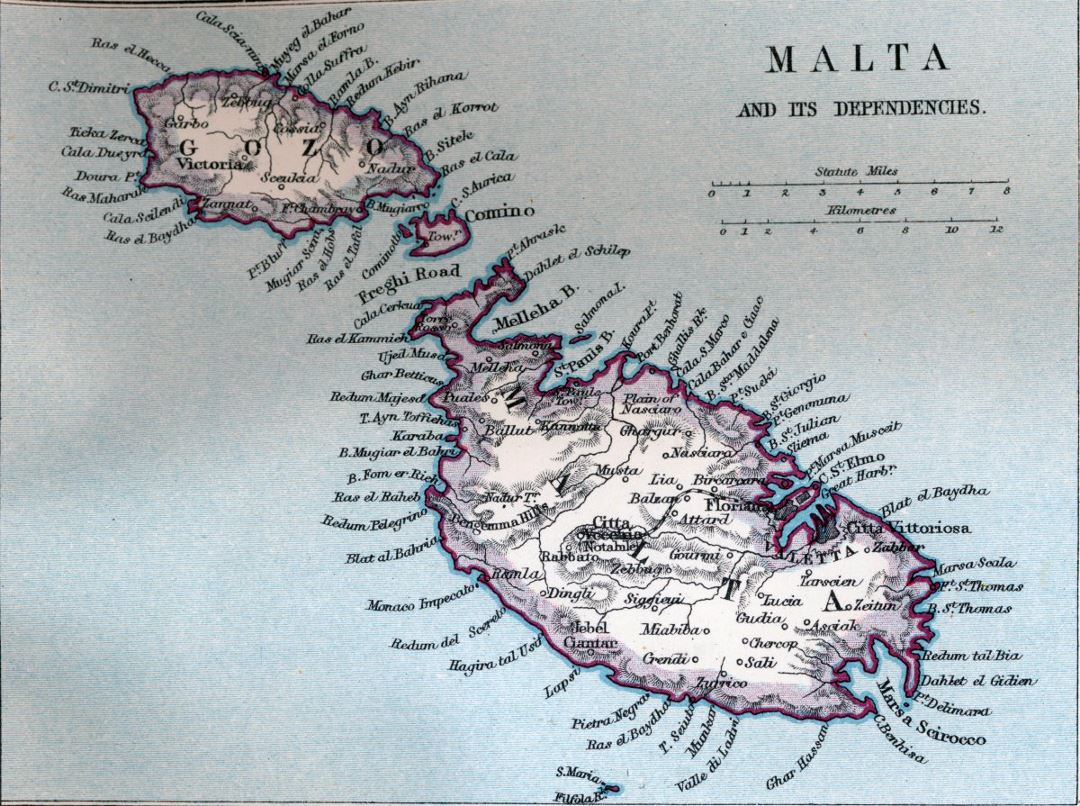 Large old map of Malta with relief and other marks - 1907