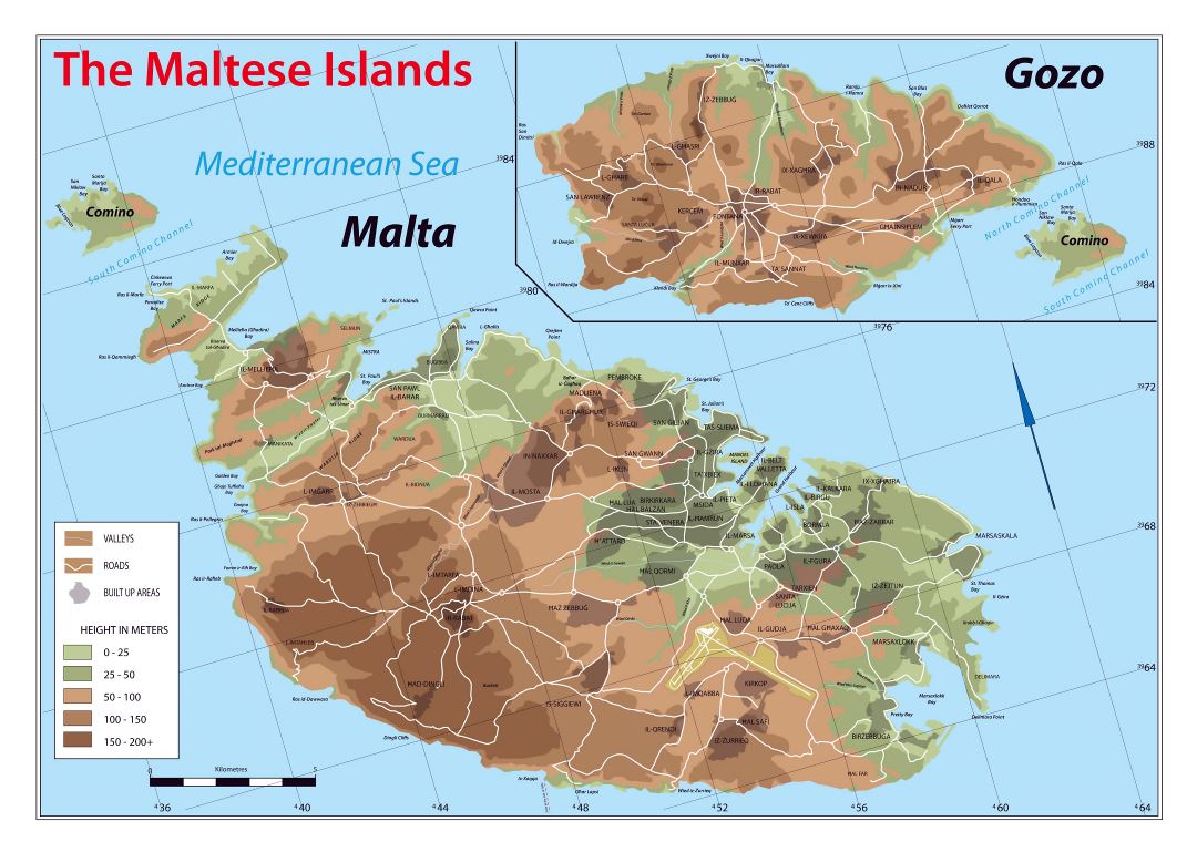 Large scale elevation map of Malta and Gozo with other marks