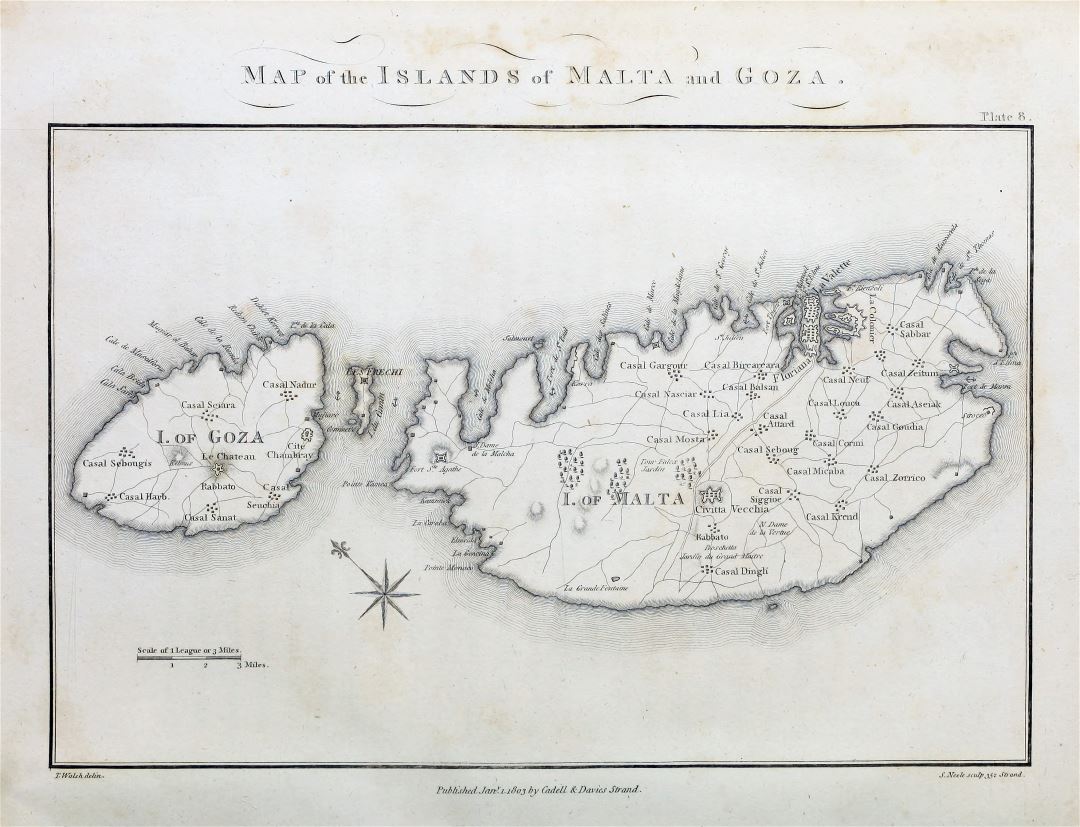 Large scale old map of Malta and Gozo with roads and cities - 1803