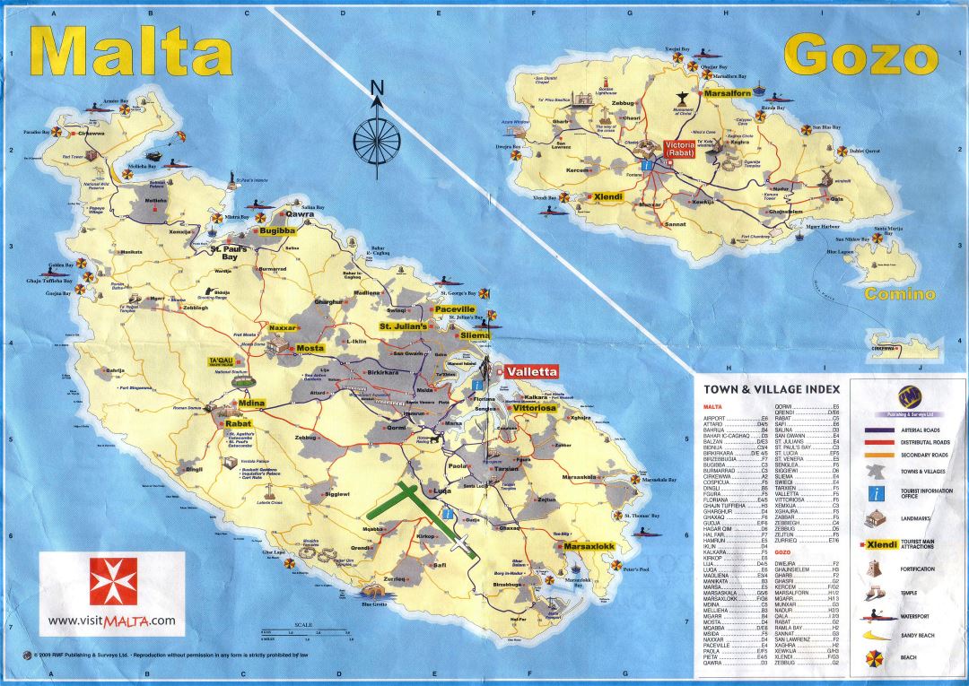 Large scale tourist map of Malta and Gozo with roads, towns and villages