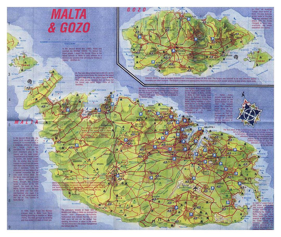 Tourist map of Malta with relief, roads and cities