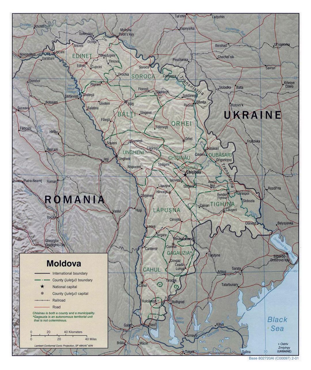 Detailed political and administrative map of Moldova with relief, roads, railroads and major cities - 2001