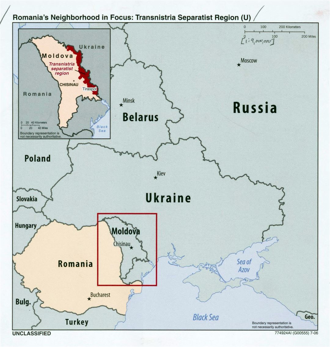 Large detail map of Romania's neighborhood in focus - Transnistria separatist region - 2006