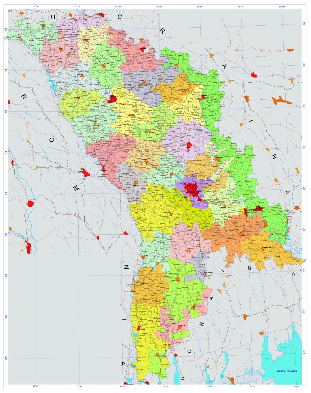 Large detailed administrative map of Moldova with all roads, cities, villages and airports