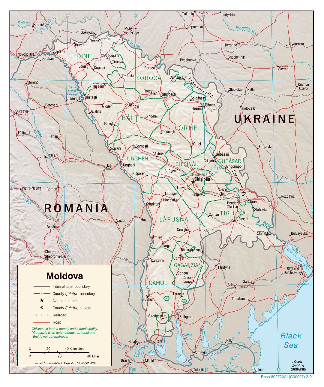 Large detailed political and administrative map of Moldova with relief, roads, railroads and major cities - 2001