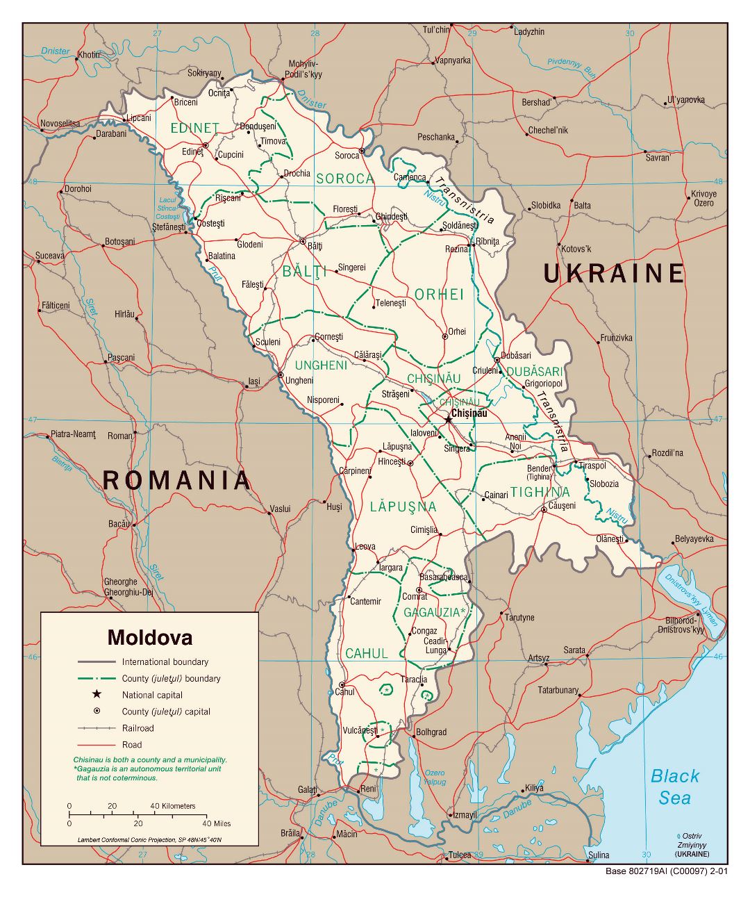 Large detailed political and administrative map of Moldova with roads, railroads and major cities - 2001