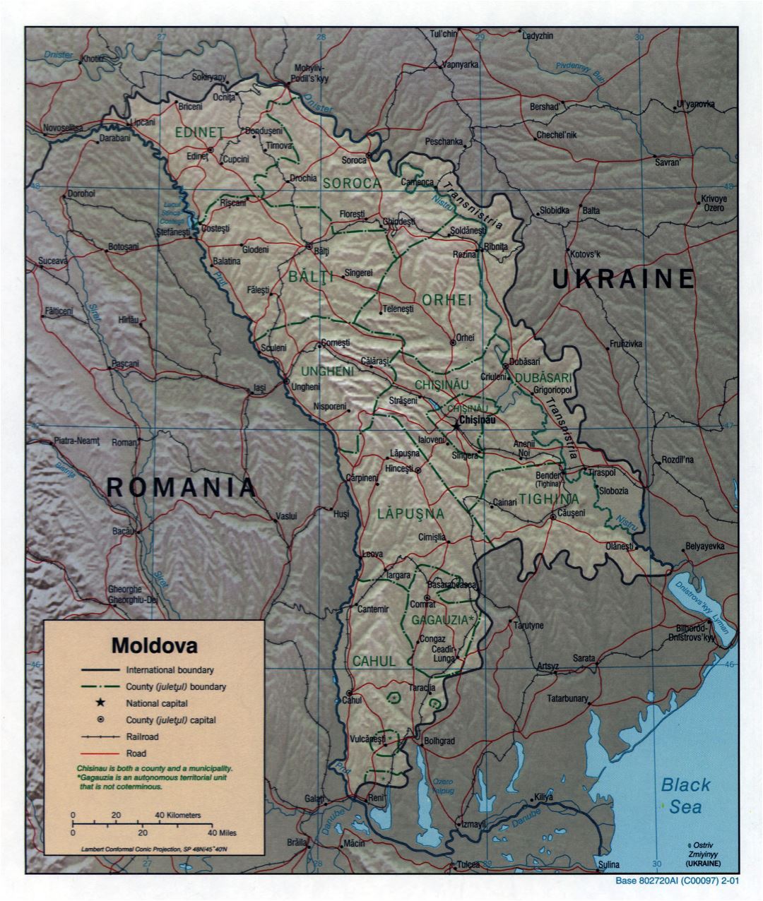 Large scale political and administrative map of Moldova with relief, roads, railroads and major cities - 2001