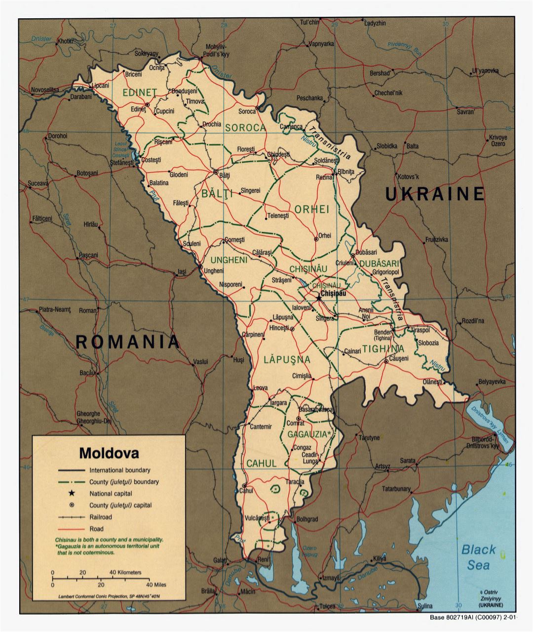 Large scale political and administrative map of Moldova with roads, railroads and major cities - 2001