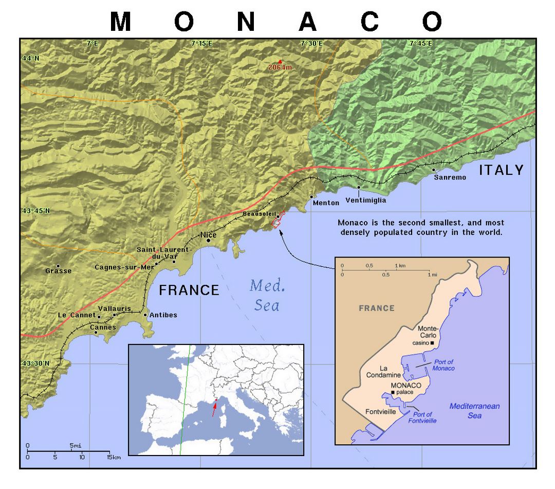 Detailed political map of Monaco with relief