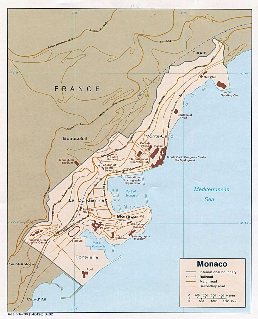 Detailed political map of Monaco with roads and railroads - 1982